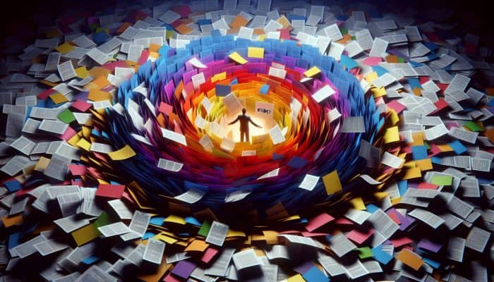 How to Choose a Debt Consolidation Lender: UK Guide | DCL How to Choose a Debt Consolidation Lender: Person overwhelmed by swirling debt papers, finds relief in consolidating into a single glowing loan document.