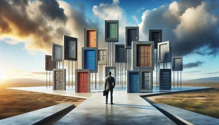 How to Choose a Debt Consolidation Lender: UK Guide | DCL A person at a crossroads choosing between doors labeled with lender names, rates, and terms under a cloudy sky.