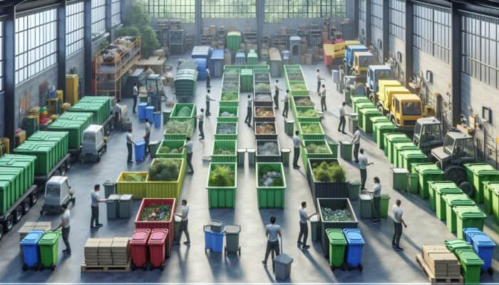 A house clearance team sorting garden waste into labelled bins at a recycling facility, emphasizing eco-friendly practices.