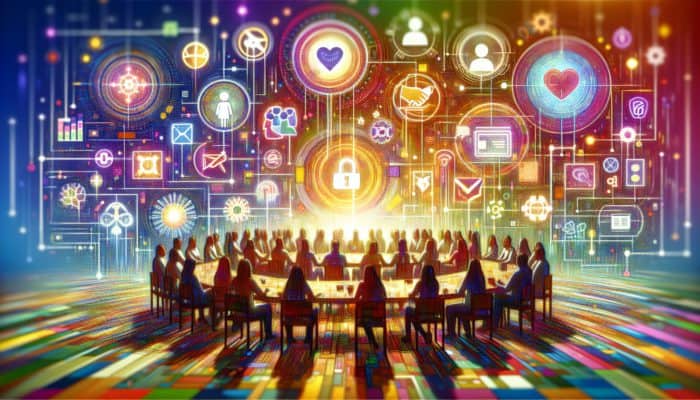 A vibrant community gathering in a colorful, interactive space, fostering deep connections and loyalty.