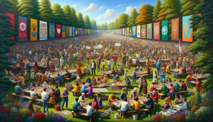 A vibrant community event in a park with diverse groups participating in workshops, discussions, and games.