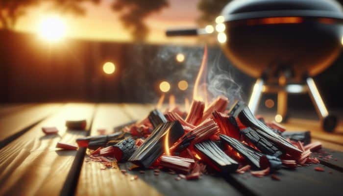 Smoldering cherry wood chips on a rustic grill at sunset, enhancing meat flavor with sweet smoke.