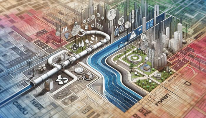 Blueprint of drainage system on Mission map, with local government documents and environmental impact charts.