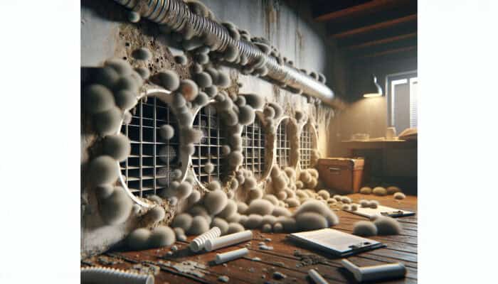 Mold-infested ductwork with visible spores and dust on vents in a neglected home, needing urgent cleaning.