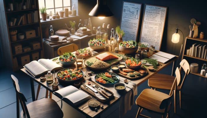 A cozy kitchen table with low-FODMAP dishes like salmon, quinoa salad, and steamed vegetables.
