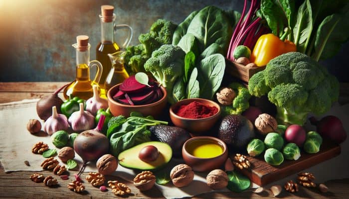 A vibrant still life of spinach, kale, beets, garlic, broccoli, Brussels sprouts, avocados, walnuts, olive oil, and turmeric, showcasing their benefits for liver health.