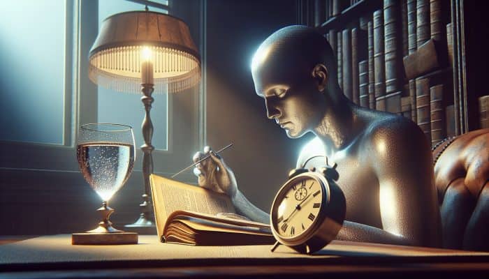 Individual reading diabetes blood test preparation guide, with water and watch on table.