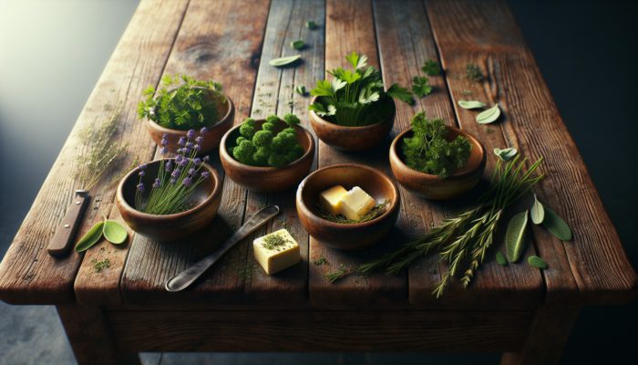 How to Make Herbal Butter: Five bowls of UK herbs - parsley, chives, thyme, rosemary, sage - next to butter on a rustic table.