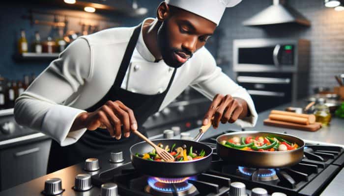 Chef adjusting stove knobs, sautéing vegetables and simmering sauce, demonstrating temperature control in kitchen.