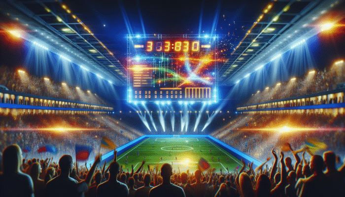 A vibrant sports stadium with an illuminated scoreboard showing real-time scores, player stats, and game timelines.