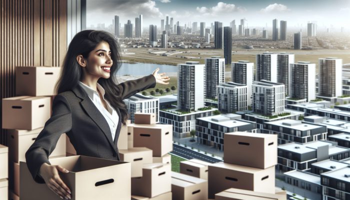 Young professional in Kempton Park, amidst moving boxes, exploring new neighborhoods with modern rental apartments in the background.