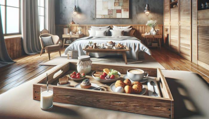 A spacious wooden tray with breakfast items on a cozy, elegant bed.
