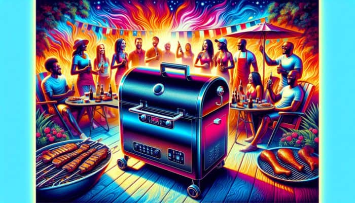 Top Electric Smokers for Hassle-Free BBQ: Sleek electric smoker with digital control panel at a lively BBQ party, showcasing perfectly smoked meats.