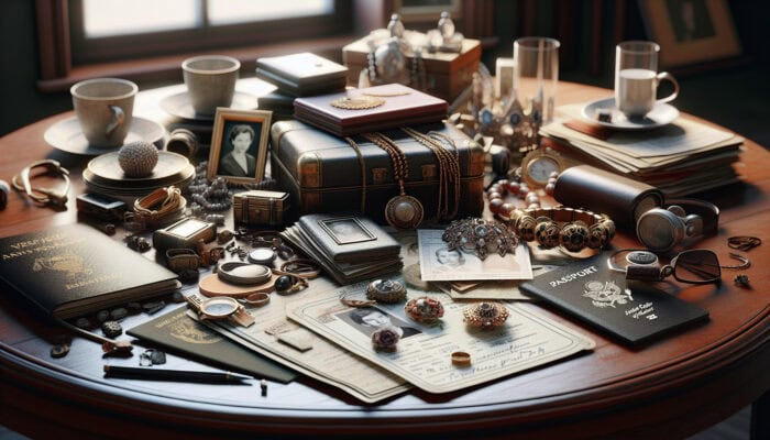 Avoiding Overwhelm in UK House Clearance: High-value and sentimental items, including jewelry, antiques, family photos, and personal documents like passports, sorted on a vintage table.