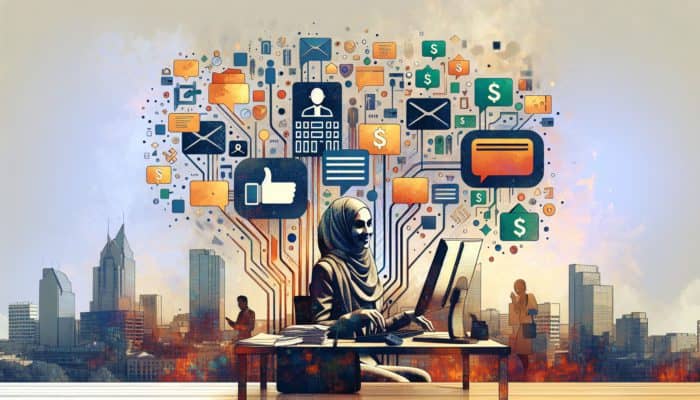 A person in Delmas organizing financial documents, applying for a loan online, and receiving a pre-approval letter against a modern city backdrop.