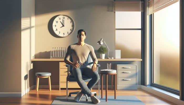 Person in doctor's office with water and clock, preparing for thyroid blood test.