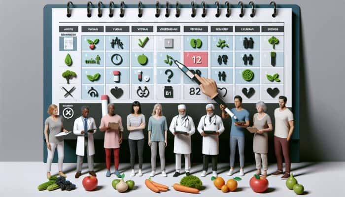 Diverse group at clinic receiving annual Vitamin B12 tests, calendar reminders for proactive health management.