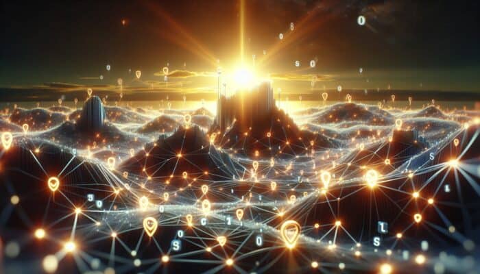 Futuristic digital landscape with AI algorithms enhancing link structures for SEO, symbolising growth.