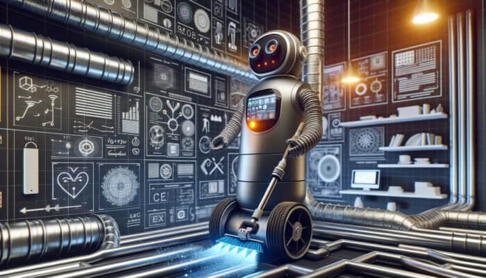 Futuristic robot with cameras cleaning and disinfecting ductwork using UV light in a modern home.