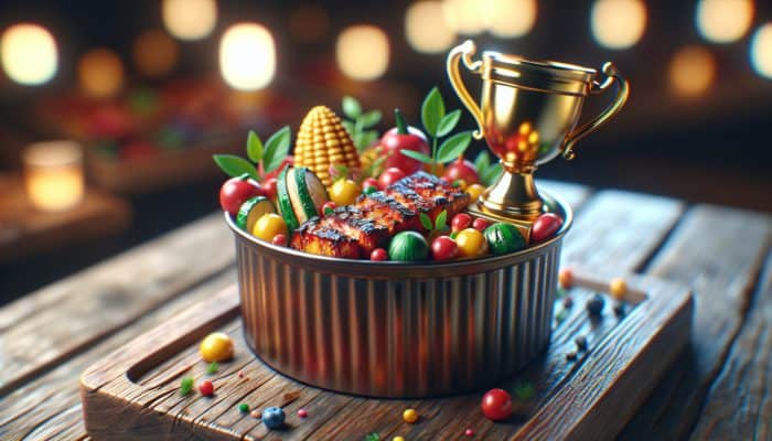 A vibrant BBQ side dish with local ingredients on a rustic table, trophy in background.