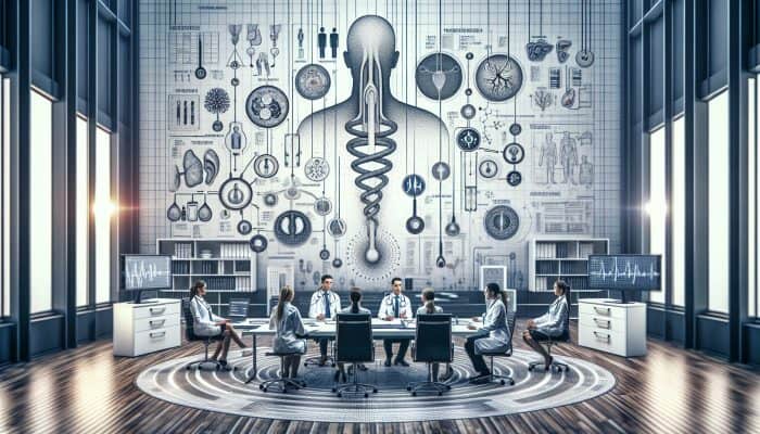 Infographic of thyroid blood test results with doctors discussing patient care in Aylesbury clinic.