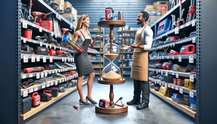 Person negotiating tool rental discounts in a hardware store, surrounded by tools, with a calendar and price comparison chart.