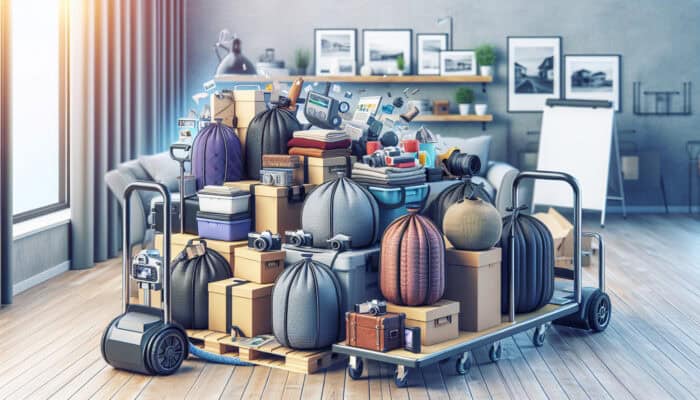 Modern UK loft clearance using vacuum bags, lifting trolleys, and a digital camera for efficient and safe item disposal.