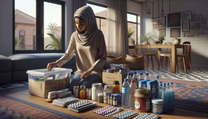Surviving Apartment Lockdowns: Person organising food, water, and medication in apartment for lockdown, feeling calm and secure.