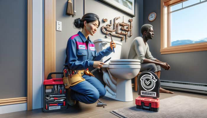 Certified plumber in Chilliwack repairing toilet, ensuring compliance and offering warranty for homeowner's peace of mind.