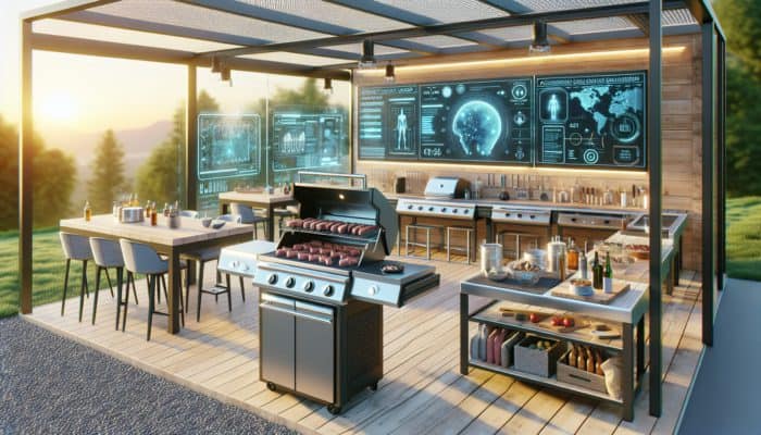 AI-enhanced grills in a futuristic, sustainable outdoor kitchen analyzing meat and suggesting flavors.