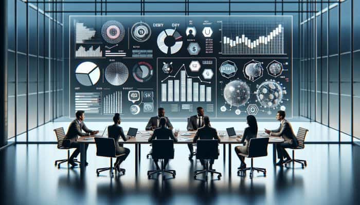 Debt Consolidation Loans With No Fees: UK Guide | DCL Diverse financial experts discussing debt consolidation at a conference table with charts on a screen.