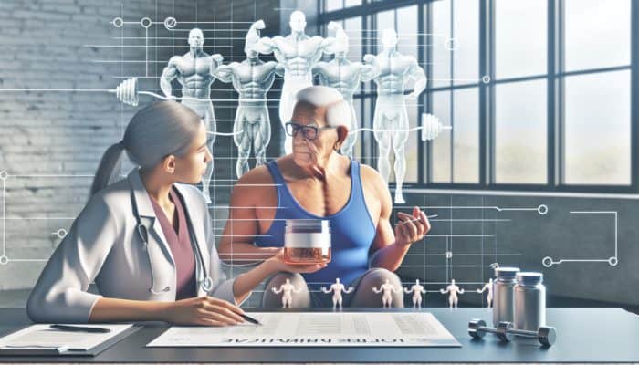 An elderly person with a nutritionist, discussing BCAAs, with a chart showing 5-10 grams daily intake.