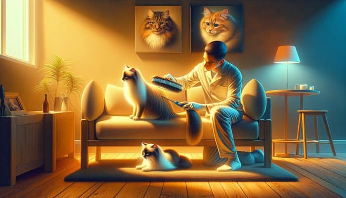 A person grooming a long-haired cat with a slicker brush and a short-haired cat with a rubber glove in a cozy room.