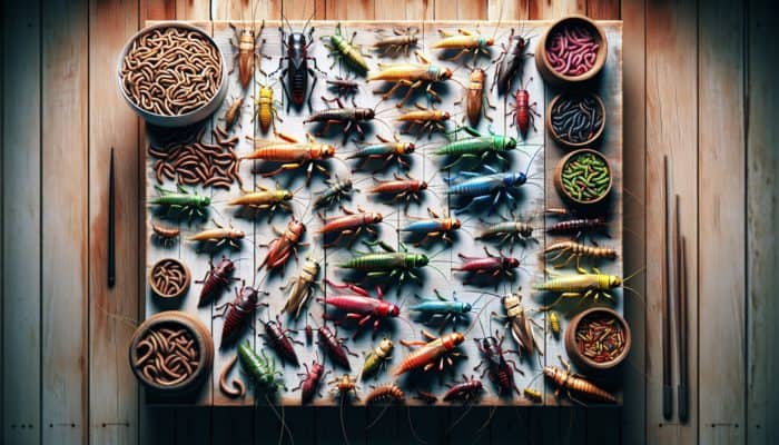 Edible Insects Guide: Colourful edible insects like crickets, mealworms, grasshoppers on a rustic table, sustainable protein source.