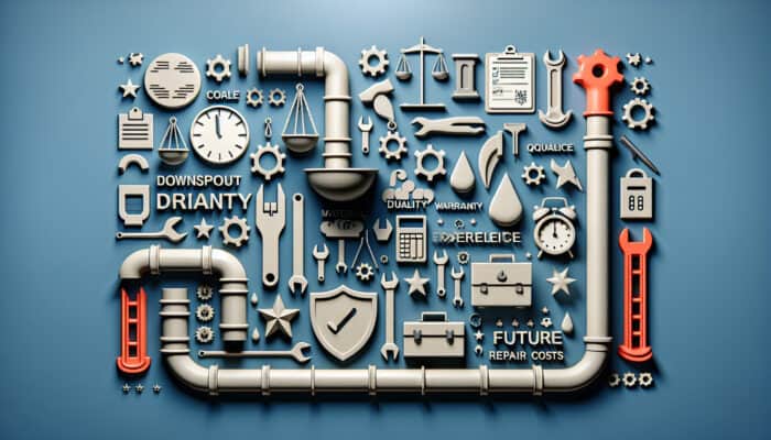 Chart comparing downspout drainage services on cost and quality, with icons for durability, expertise, warranty, and repair costs.