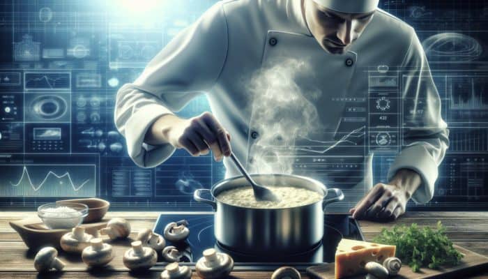 A chef stirring creamy risotto on a stove, surrounded by mushrooms, herbs, and cheese.