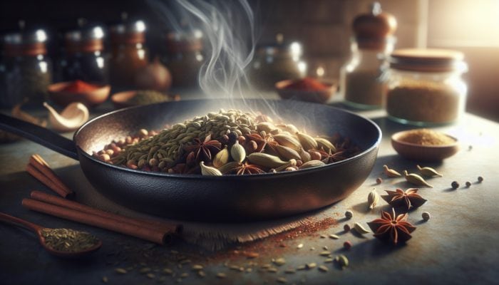 Close-up of cardamom and cumin toasting in a skillet, releasing aromatic steam in a warm kitchen.