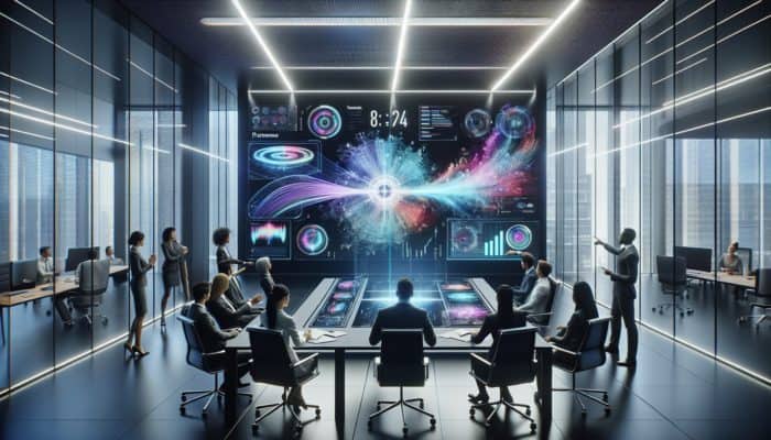 A diverse team in a modern office analyzing product performance on a digital screen during a strategic meeting on brand cleansing.