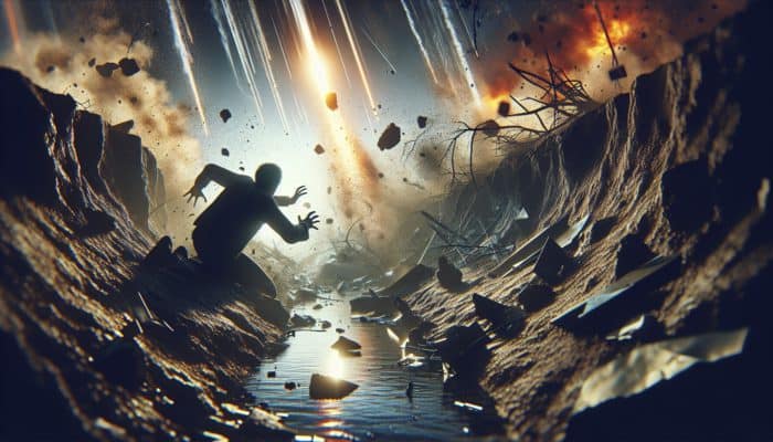 Person seeking shelter in a rugged ditch post-meteor strike, amidst chaos, debris, and shockwaves.