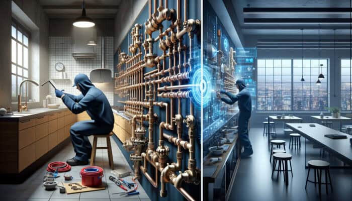 A skilled plumber working diligently on water valves in both kitchen and commercial facilities to ensure effective water management and prevent leaks.