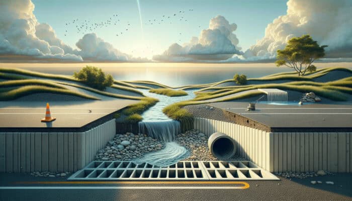 A tranquil landscape showcasing a French drain, a surface drain in a parking lot, and a dry well beneath a cloudy, rainy sky.