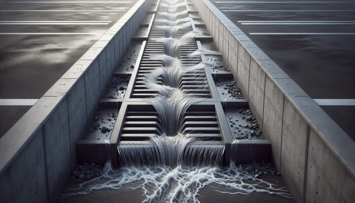 Surface drain in a parking lot, effectively capturing water into a grated trench to prevent pooling.