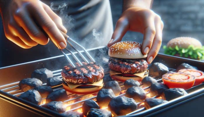 Juicy burgers grilling on a charcoal grill, thermometer at 375-400°F, person adjusting coals for even heat.