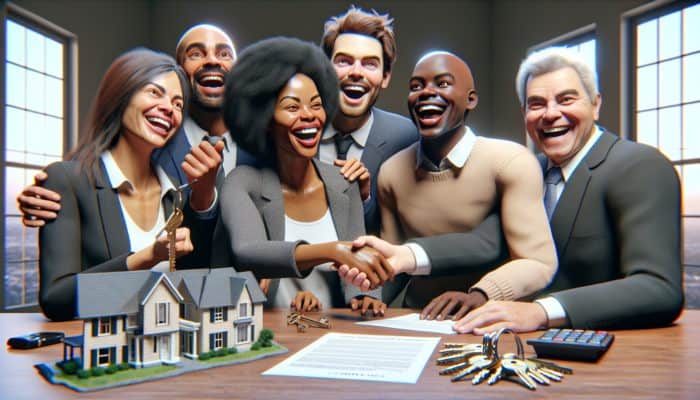 Diverse group of first-time homebuyers in Bloemfontein celebrating the signing of home loan documents with a bank representative, keys, and model house.