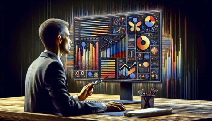 A person analysing SEO performance on a computer, focused on Google Analytics and Search Console graphs.