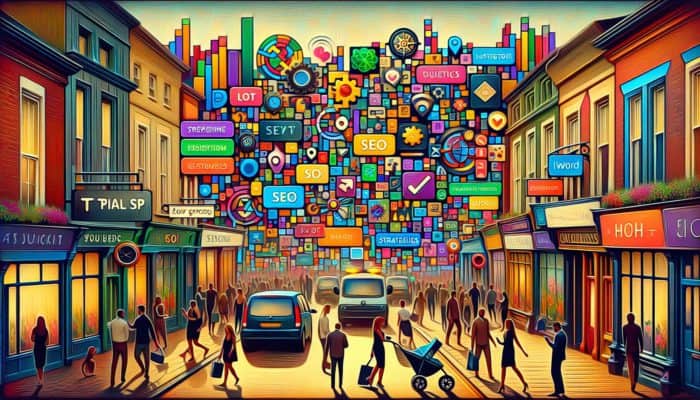 UK high street featuring small businesses implementing SEO strategies, customers using smartphones.