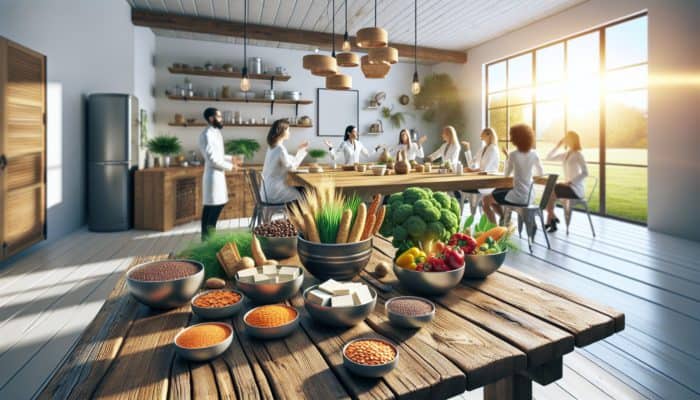 A colourful display of tofu, lentils, and quinoa on a wooden table, with nutritionists discussing in a modern kitchen.