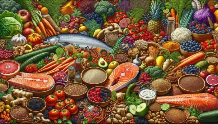 A UK kitchen counter with salmon, colourful vegetables, berries, quinoa, nuts, seeds, turmeric, and ginger.