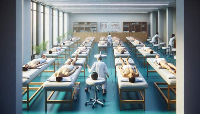 A tranquil UK clinic room with patients on acupuncture tables, showing relaxation and mental clarity.