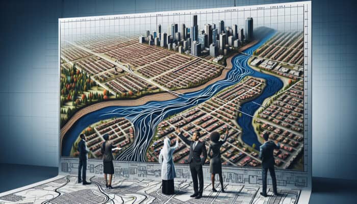 A map of South Vancouver illustrating interior drainage systems with experts highlighting key areas amidst urban buildings.